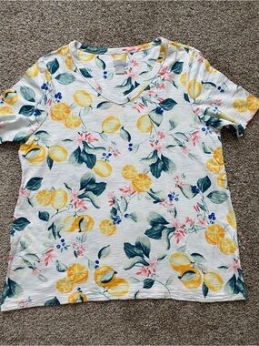 Chicos Citrus Cotton Short Sleeve Tee T - Shirt SZ 2 L VNeck Colorful Side Slits